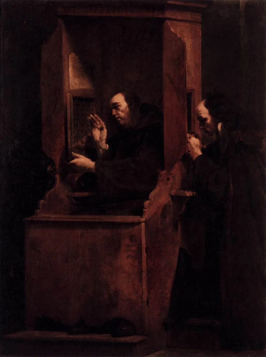 Pintura de Giuseppe Maria Crespi mostrando um padre no confessionário ouvindo um fiel ajoelhado ao lado