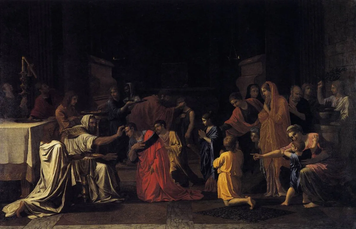 Pintura de Nicolas Poussin da série Os Sete Sacramentos mostrando um bispo ungindo a testa de jovens ajoelhados
