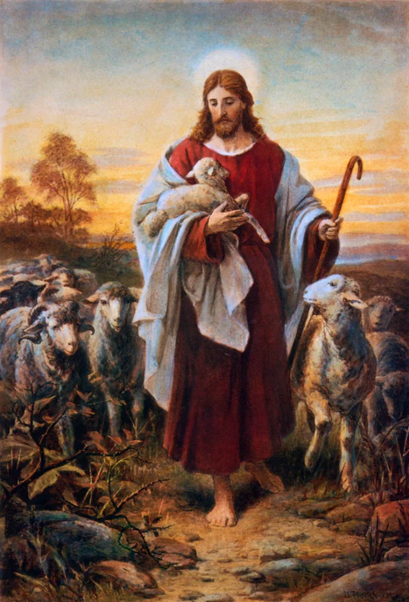 Jesus, o Bom Pastor, com as ovelhas