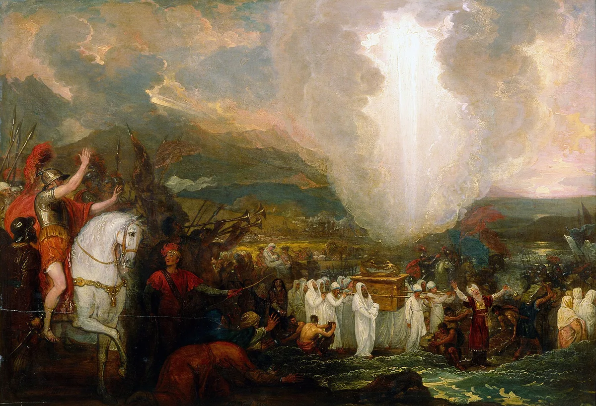 Pintura de Benjamin West: Josué atravessa o rio Jordão com a Arca da Aliança, cercado por sacerdotes e soldados