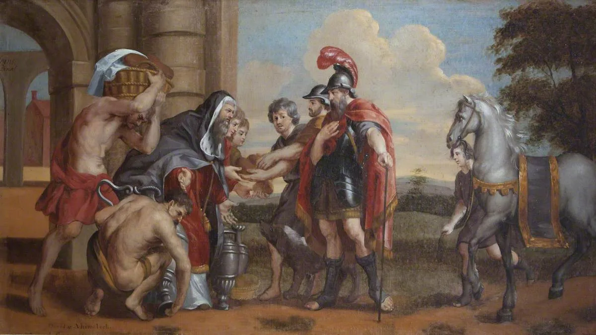 Pintura de Melquisedeque oferecendo pão e vinho a Abrão, que está de armadura, ao lado de servos com cestas e um cavalo