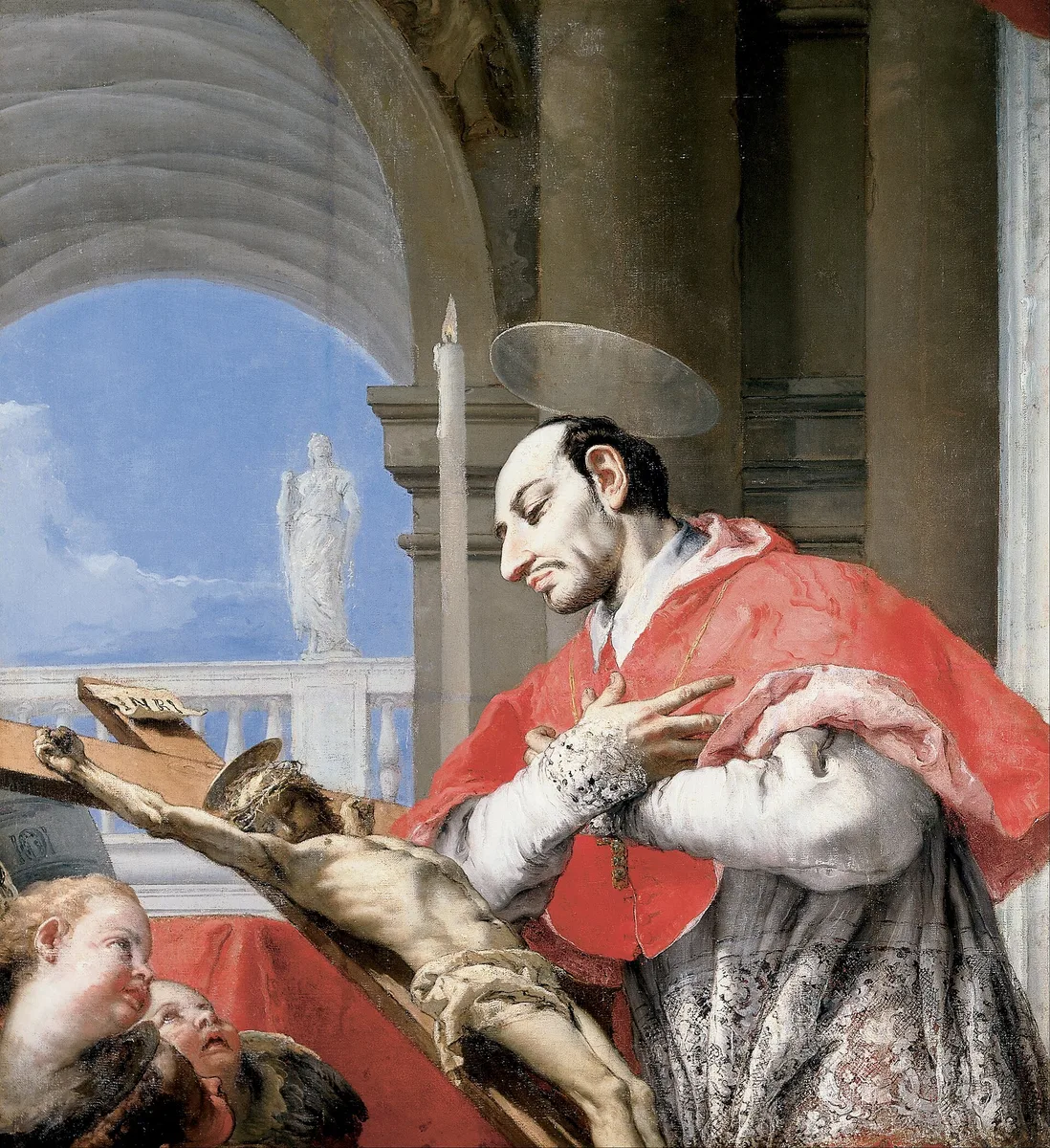 São Carlos Borromeu, de cardeal, contempla o crucifixo em pintura de Tiepolo