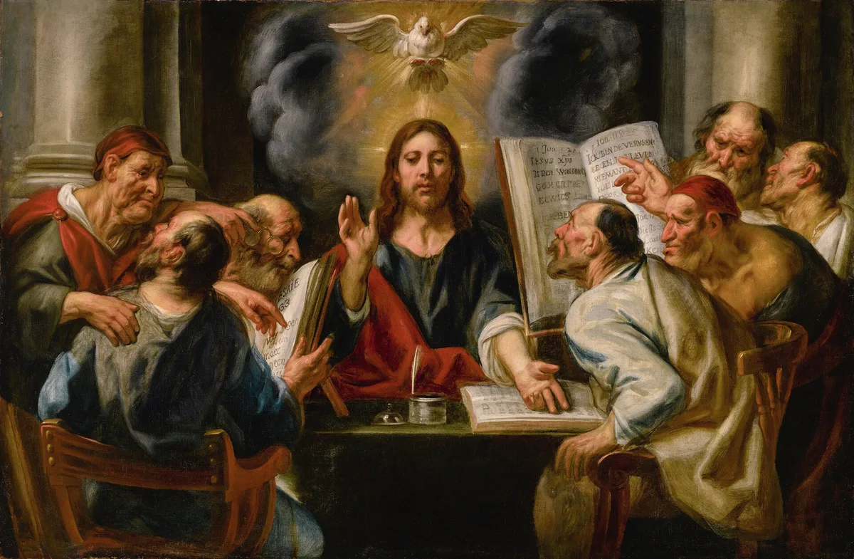 Pintura de Jesus debatendo as Escrituras com fariseus e doutores da Lei, sob a pomba do Espírito Santo