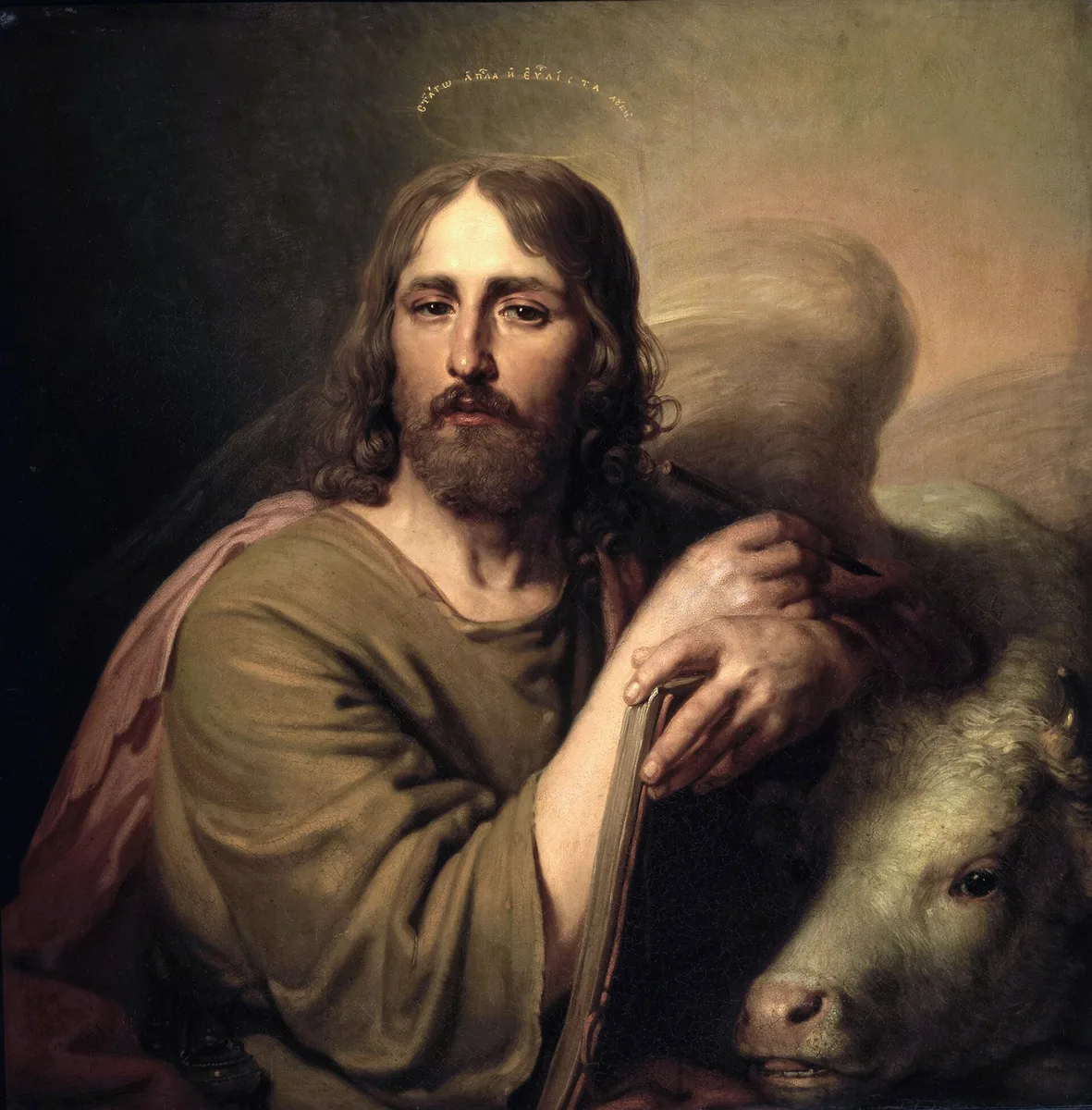 Pintura clássica de São Lucas Evangelista com livro e pincel, ao lado do touro, seu símbolo