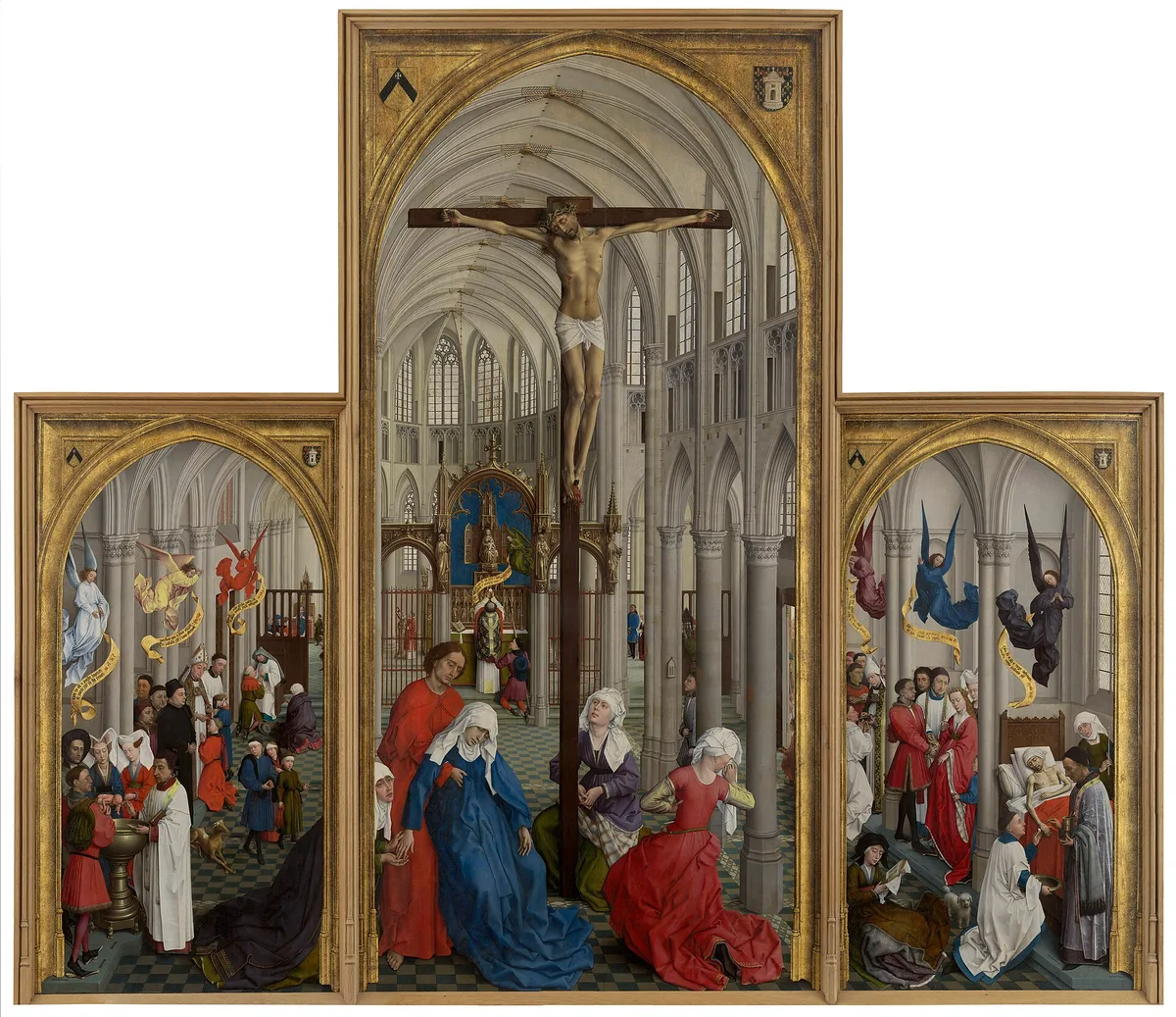 Pintura 'Os Sete Sacramentos', de Van der Weyden: Crucificação no centro e cenas dos sacramentos nos painéis laterais