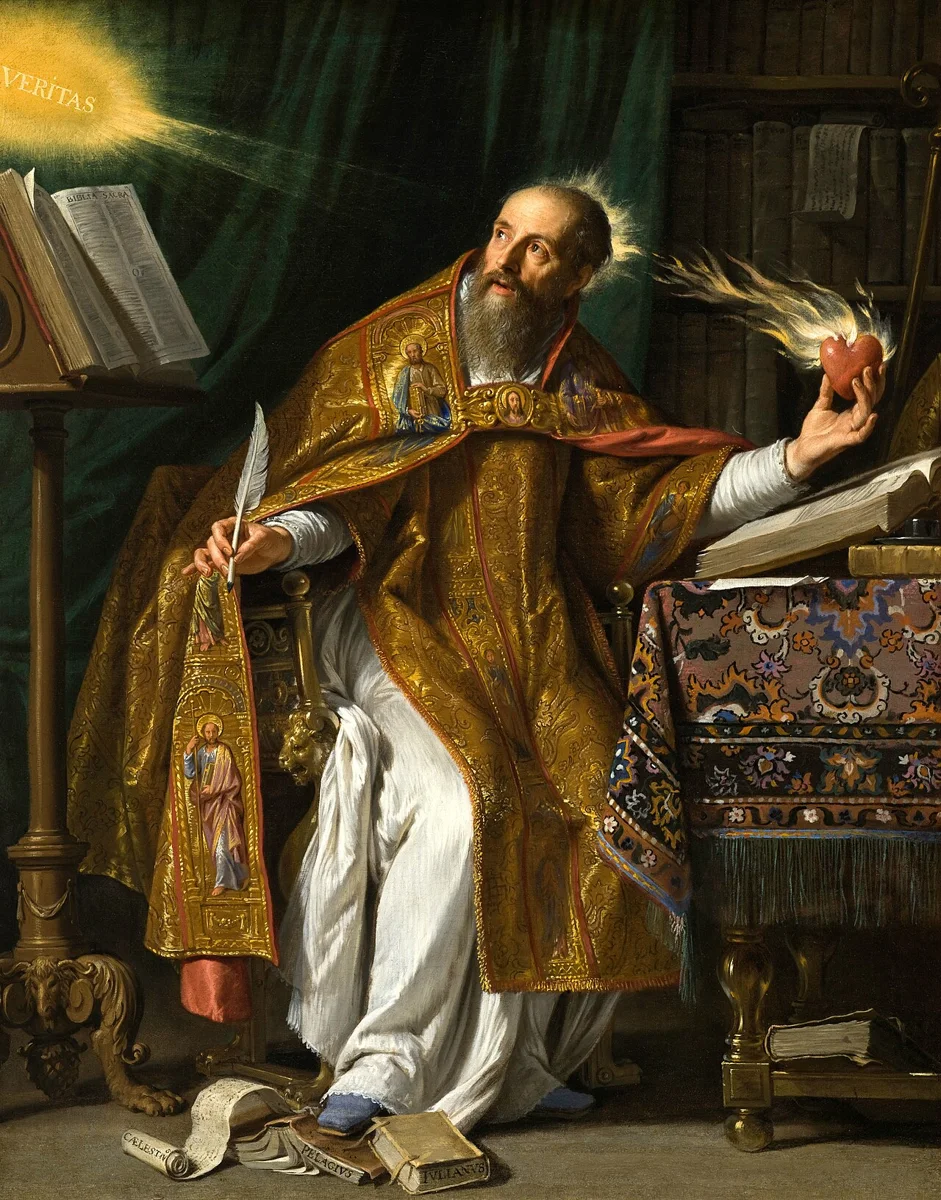 Pintura de Santo Agostinho com pena na mão e livro aberto, por Philippe de Champaigne