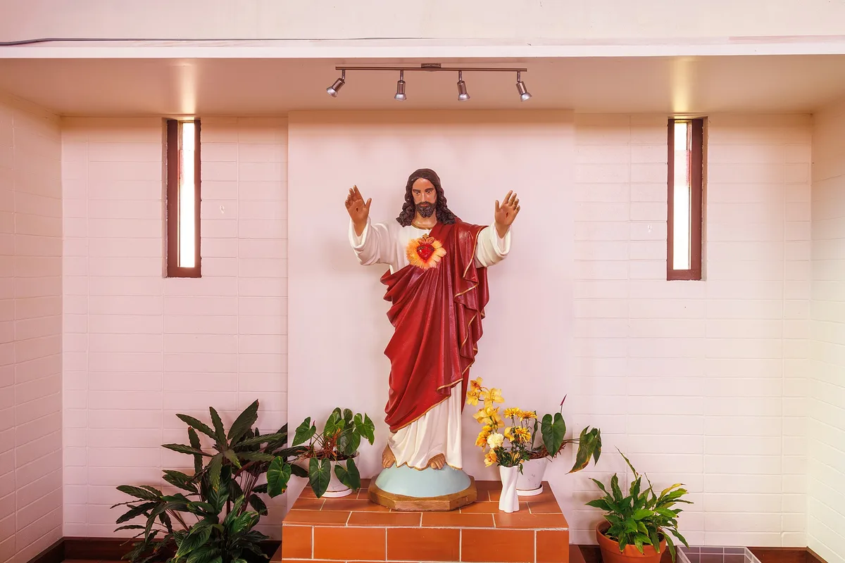 Estátua do Sagrado Coração de Jesus, com manto vermelho e coração em chamas, em nicho decorado com plantas