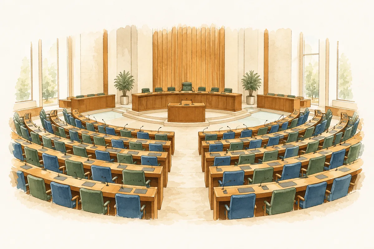 Desenho de um plenário vazio de casa legislativa, com cadeiras azuis e verdes em semicírculo diante da mesa diretora