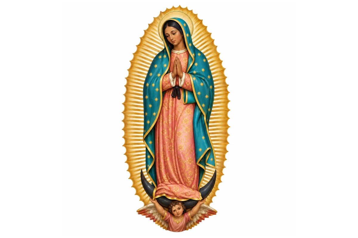 Ilustração de Nossa Senhora de Guadalupe de corpo inteiro, com manto estrelado, raios dourados, lua e anjo aos pés